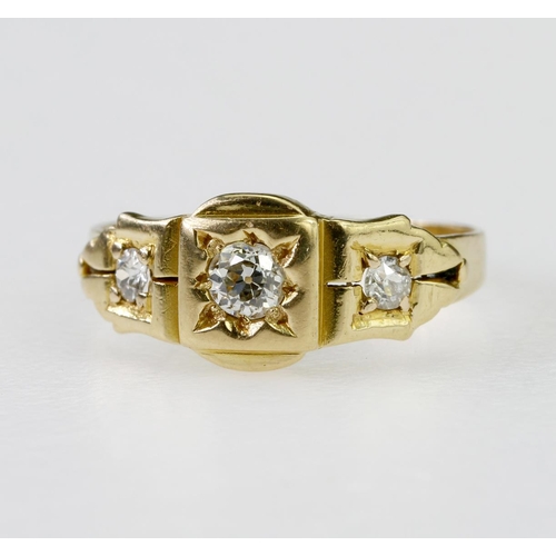 67 - 18ct yellow gold ring set with central round old cut diamond in a gypsy setting with a further round... 