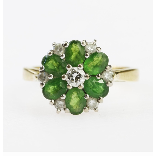 71 - 18ct yellow gold cluster ring set with six oval green stones with seven round brilliant cut diamond ... 