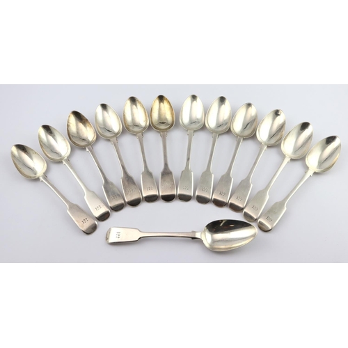 720 - Thirteen fiddle pattern silver dessert spoons, eleven hallmarked for 'DP London, 1836' and two hallm... 