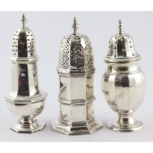 726 - Three silver hallmarked sugar sifters, tallest 16cm approx., weight 10.5oz. approx.