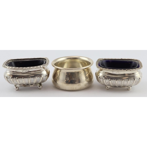 727 - Three silver salts (two with blue glass liners) various hallmarks (includes Chester) Weight of silve... 