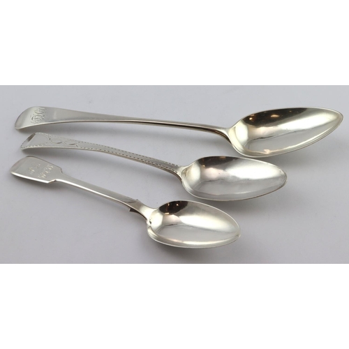 728 - Three silver spoons comprising a Newcastle dessert spoon hallmarked for 1858, a London bright-cut Ol... 