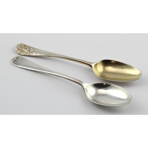 736 - Two silver Hanoverian fancy-back teaspoons. One c1760's showing hen and chicks on back, possibly mar... 