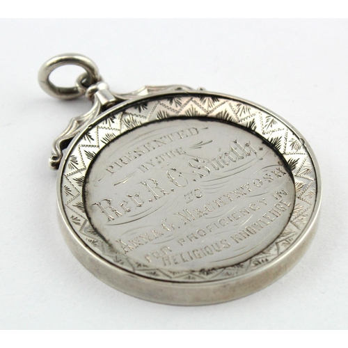 739 - Unmarked silver Scottish Shotts F.C. School Medal dated 6th May 1875 for Proficiency in Religious Kn... 