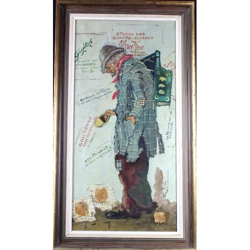 790 - Charles H. Wilton (American: 20th Century). Mixed Media on canvas of a French homeless man carrying ... 