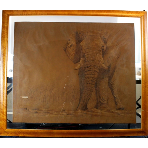 798 - Donald Barnett (S African b.1968). Pyrography on tanned leather of a large elephant. Mounted between... 