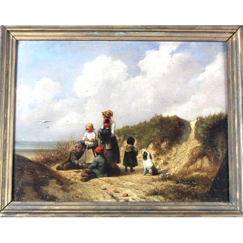 810 - Jan Gerard Smits (Dutch, 1823-1910) Oil on panel. Beach scene of a mother with children and their do... 