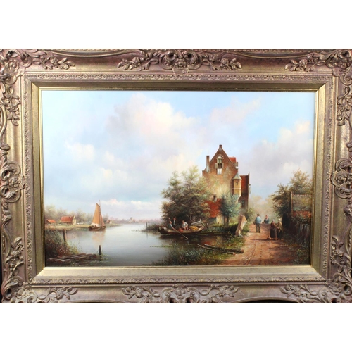 814 - L. A. Feijen (Dutch b.1947) Oil on panel. Dutch river scene with figures. Signed lower right. In a g... 