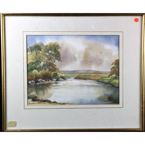 818 - Madeleine Beveridge (20th C.), watercolour, depicting a lake surrounded by trees, signed by artist t... 