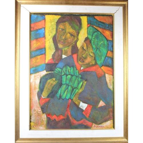 821 - Mid Century, heavily textured portrait depicting two women. Possibly South/Latin American origin. Si... 