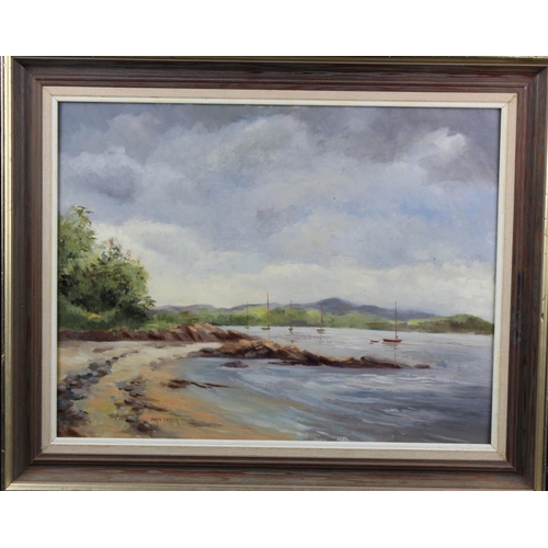 822 - Nan Parker, Oil on board depicting a coastal scene. Signed lower left. Mounted in a wood frame. Meas... 