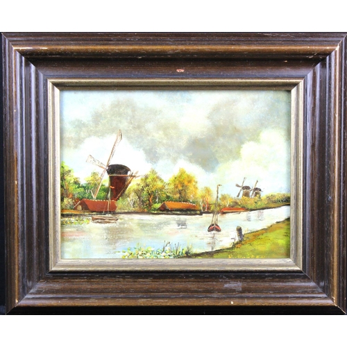 826 - Oil on Board, depicting a Dutch riverside with windmills. Signed P. Vooren lower right. Measures app... 