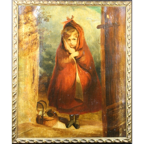 828 - Oil on Canvas depiciting a young girl standing wrapped in red cloak, looking directly at the artist.... 