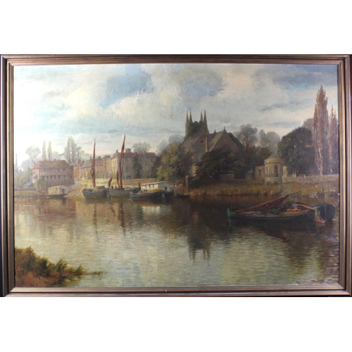 829 - Oil on canvas, circa 19th Century, depicting a riverside view of the Thames at Old Isleworth, Middle... 