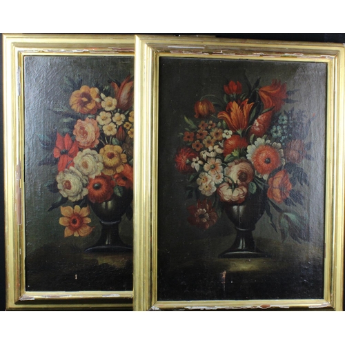 835 - Pair of Still Life studies of Mixed Flowers in an urn. Oil on Canvas. Artist unknown. Each Measure a... 