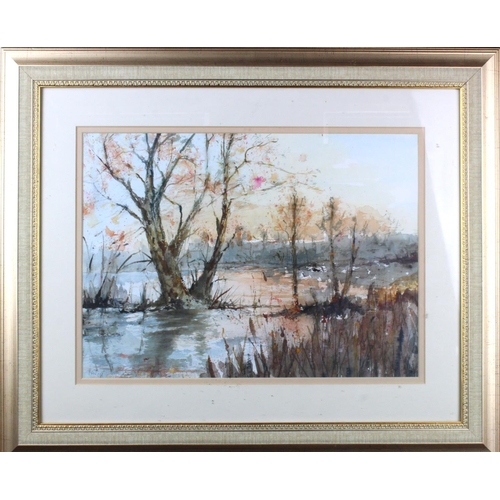 836 - Pair of watercolours. The first titled 'Flooded Field'. Signed with monogram (MAN 08?) bottom left. ... 