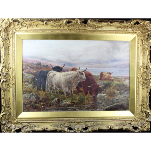 842 - R Watson. Oil on canvas depicitng highland cattle by a stream. Signed and dated 1902. In a heavy, or... 