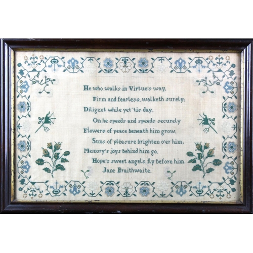 846 - Sampler- Circa 19thC. Sampler decorated with virtue verse in centre and floral border by 'Jane Brait... 