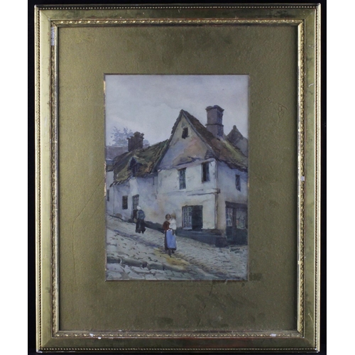 866 - Watercolour of woman carrying a child along a cobbled village street. Framed and glazed. Measures ap... 