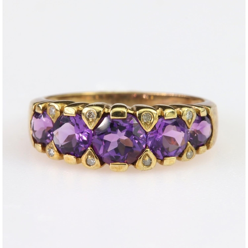 89 - 9ct yellow gold amethyst graduated five stone ring with diamond accents totalling approx. 0.04ct, fi... 