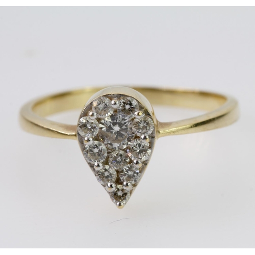 91 - 18ct  yellow gold ring with pear shaped ring head set with eleven round brilliant cut diamonds set i... 