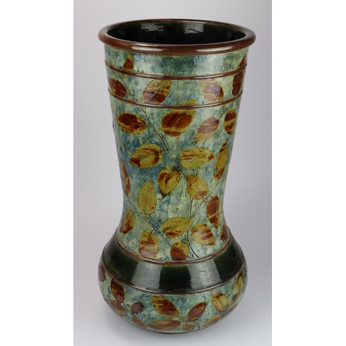 912 - Large Royal Doulton walking stick vase with leaf design, by  J. McD & S Co., Boston, a few chips, he... 