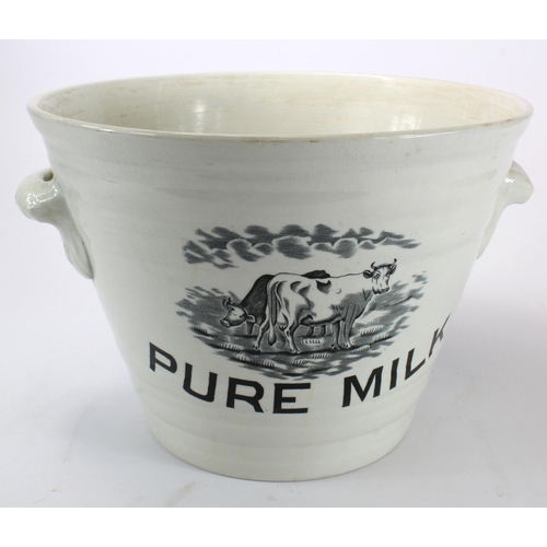 913 - Large two handled milk pail 'Pure Milk', with black transfers to side depicting two cows, circa late... 