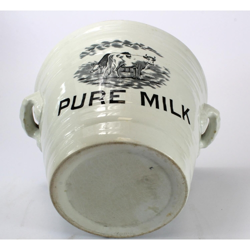 913 - Large two handled milk pail 'Pure Milk', with black transfers to side depicting two cows, circa late... 