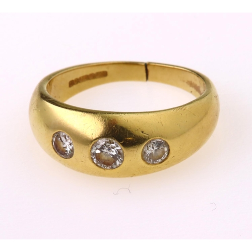 96 - 18ct yellow gold flared head band ring set with three graduated round brilliant cut diamonds weighin... 