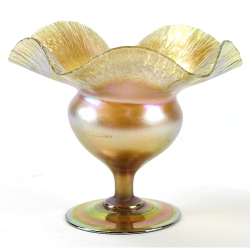 991 - Tiffany Favrile glass bowl on pedestal base with ruffled rim, marked to base '381 K, L. C. Tiffany, ... 