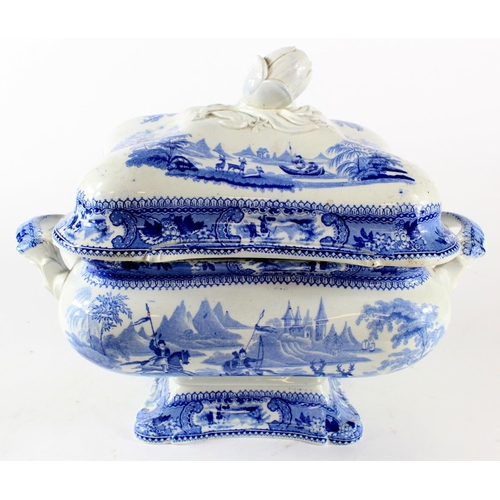 997 - Transferware interest- A blue and white Belzoni pattern tureen. 25cm high, 32cm in width and 21cm de... 