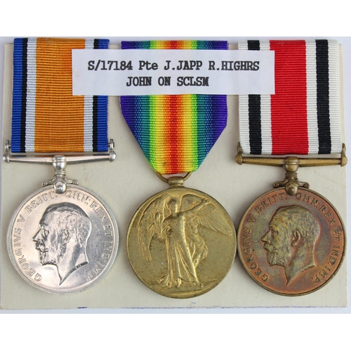 1102 - BWM & Victory Medal to S-17184 Pte J Japp R.Highrs. Served 10th, 8th, 1/6th, and 9th Bn's. Plus Spec... 