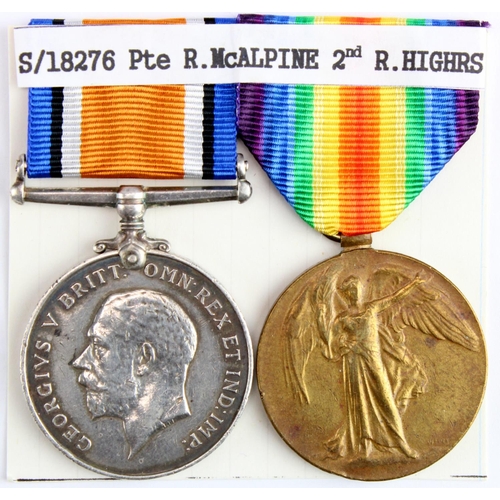 1103 - BWM & Victory Medal to S-18276 Pte R McAlpine R.Highrs. Served 2nd Bn.  (2)