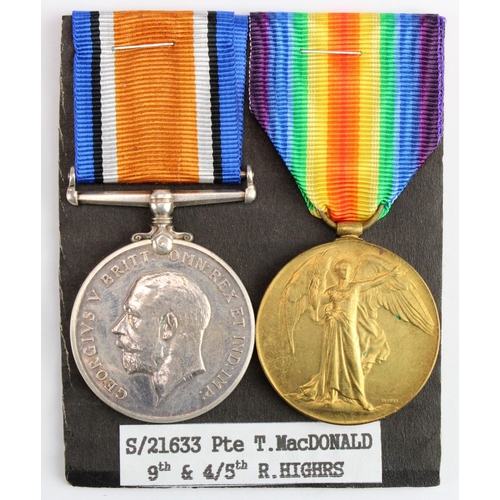 1104 - BWM & Victory Medal to S-21633 Pte T N MacDonald R.Highrs. Wounded 1916. Served with 9th and 4/5th B... 