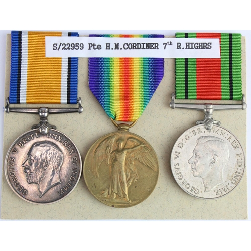 1106 - BWM & Victory Medal to S-22959 Pte H M Cordiner R.Highrs. Plus Defence Medal. Served 10th and 7th Bn... 