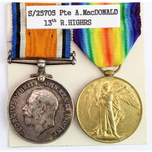 1108 - BWM & Victory Medal to S-25705 Pte A MacDonald R.Highrs. Served 13th Bn.  (2)