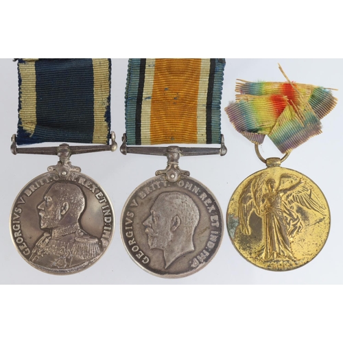 1116 - BWM & Victory medals with Naval Long Service medal to 200379 W J Waters AB HMS Pekin, comes with res... 