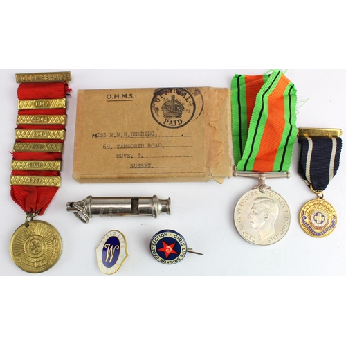 1601 - WW2 interest - Defence Medal with box of issue to Miss M M E Deering of Hove, Sussex. With various G... 