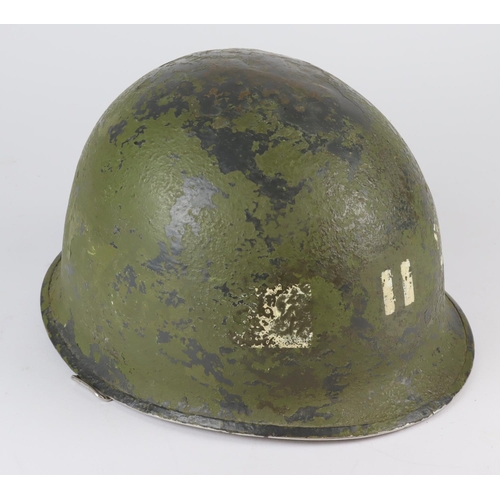 1629 - WW2 US Schlueter Front Seam Swivel Bale M1 Helmet with Captains Bars. Date code 