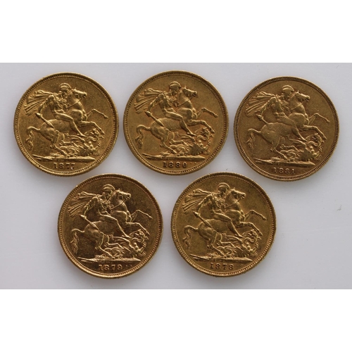 1740 - Sovereigns (5) All St George Melbourne Mint. 1877, 1878, 1879, 1880 & 1881. nVF - GVF