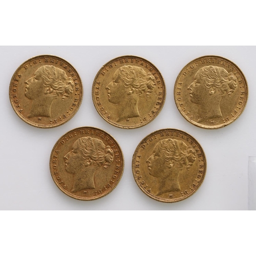 1741 - Sovereigns (5) All St George Melbourne Mint. 1878, 1879, 1882, 1884 & 1885. VF or better