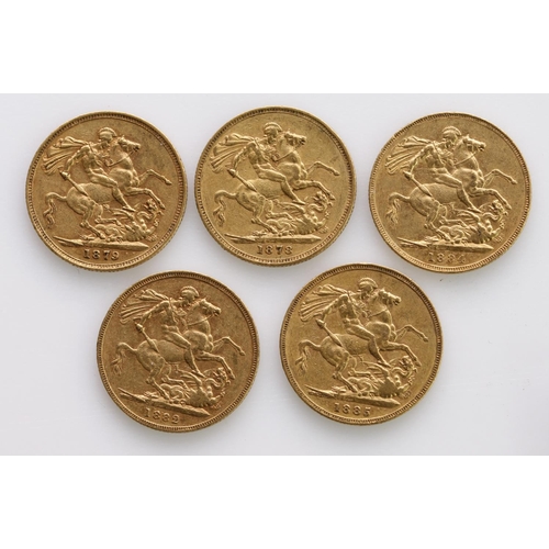 1741 - Sovereigns (5) All St George Melbourne Mint. 1878, 1879, 1882, 1884 & 1885. VF or better