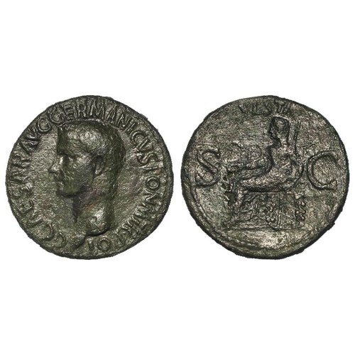 2192 - Roman Imperial: Caligula AE As, Vesta seated l. type, 10.93g, porous GF