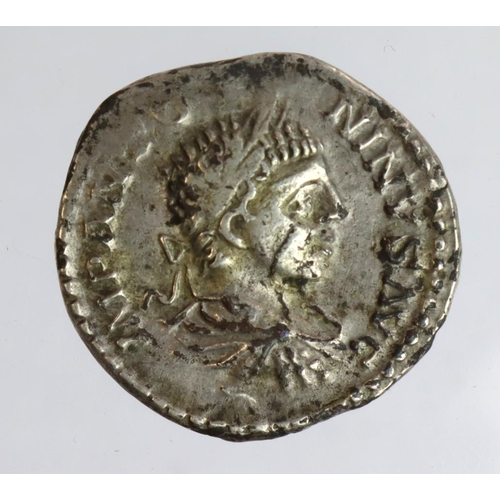 2194 - Roman Imperial: Elagabalus plated Denarius. Rev: Annona standing with two corn ears and cornucopia, ... 