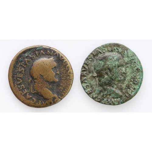 2195 - Roman Imperial: Vespasian (2): AE As, eagle on globe,11.03g, VF, green patina, along with brass Dupo... 