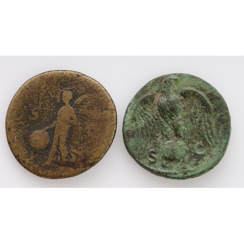 2195 - Roman Imperial: Vespasian (2): AE As, eagle on globe,11.03g, VF, green patina, along with brass Dupo... 