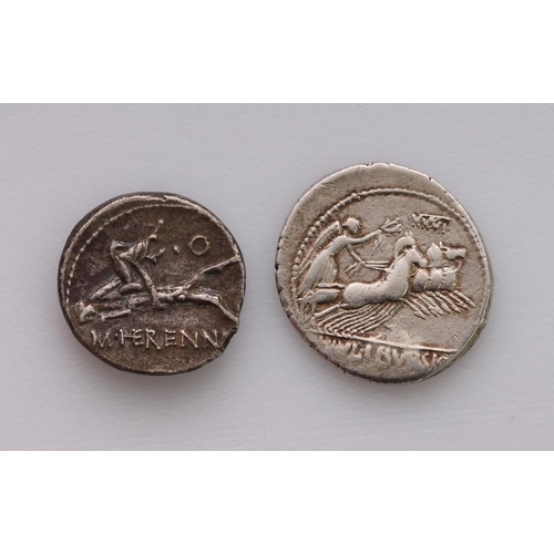 2198 - Roman Republican silver Denarii (2): M. Herennius 108-107BC. Amphinomus running right, carrying his ... 