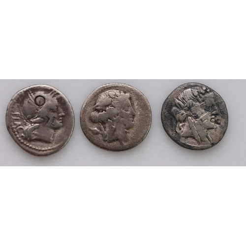 2201 - Roman Republican silver Denarii (3): L.Cassius Q.f.Longinus, c.78 B.C., Head of young Bacchus or Lib... 