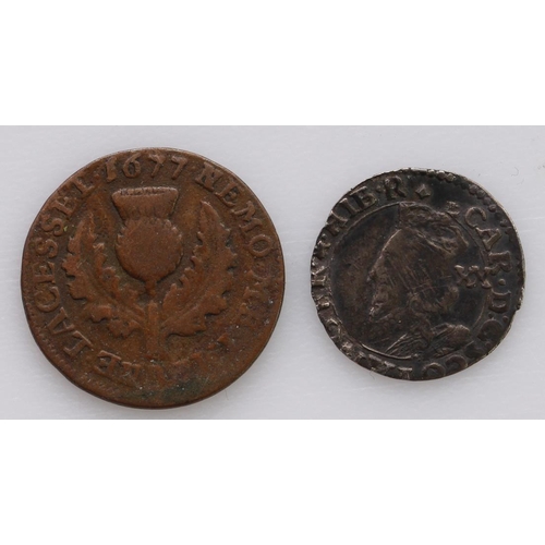 2202 - Scotland (2): Charles I silver 20 Pence toned GF, and Charles II copper Turner 1677 F/VG