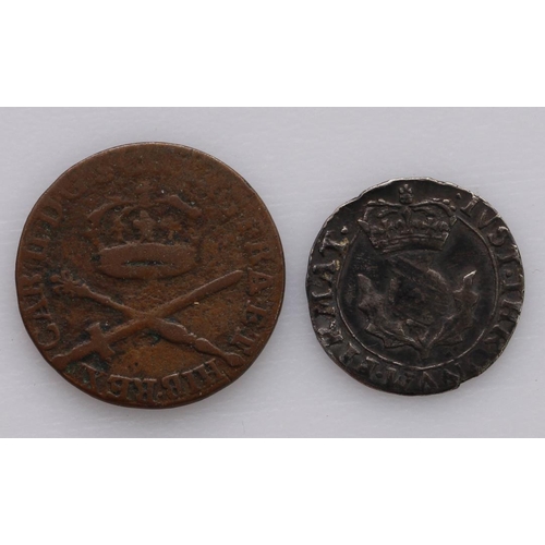 2202 - Scotland (2): Charles I silver 20 Pence toned GF, and Charles II copper Turner 1677 F/VG